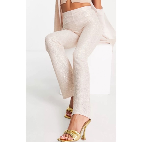 ASOS DESIGN NWT jersey shimmer suit kickflare pant in gold 12 US - Picture 3 of 7